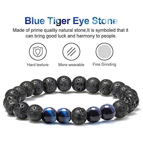 M Mooham Natural Bead Bracelet, Gem Semi Precious Stone Round Bead Black Lava Rock Blue Tiger Eye Beads Bracelet, Men Women Stress Relief Adjustable Bracelet Energy Stone Bracelet #TOP2
