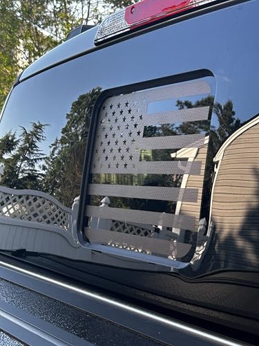 Image of Truck Rear Middle Window Perforated American Flag Decal - See-Through Matte Black Vinyl for Ford F150 (2015-2025) & F250 /F350 Super Duty (2017-2025) - Subdued Patriotic Rear Window Graphic 13 inch x 11 inch
