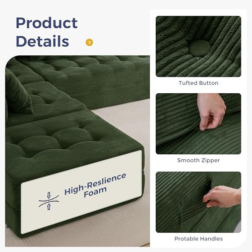 Image of MAXYOYO Modular Sectional Sofa Couch, Foldable U Shaped Cloud Couch with Pillows, Tufted 6-Seat Boneless Sofa Lounger for Living Room, No Assembly Required, Dark Green