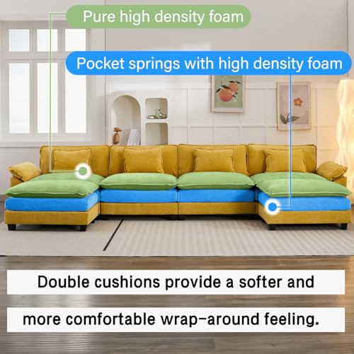 Image of Oprisen 154 inch Modular Sectional Sofa, Comfy Cloud Couch Sectional Sofa with Ottoman, Chenille Sofa Sleeper Deep Seat Sofa with Throw Pillows for Living Room (Yellow, 154 inch- U Shape)