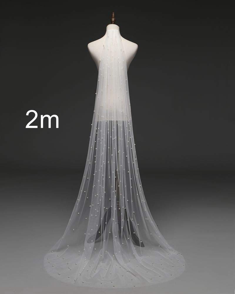 Velos de Novia Velo de Perla Velo de Novia Blanco/Marfil con Peine Velo de Novia de una Capa Estilo Catedral con Perla Real Precioso Tul de Novia