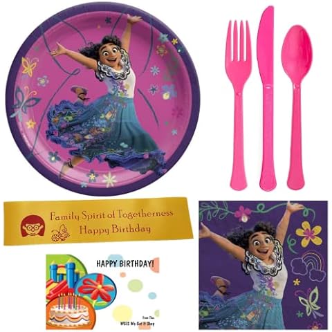 Disney Encanto Birthday Party Supplies Including Dessert Size Encanto Plates and Napkins With Printed Ribbon Cover