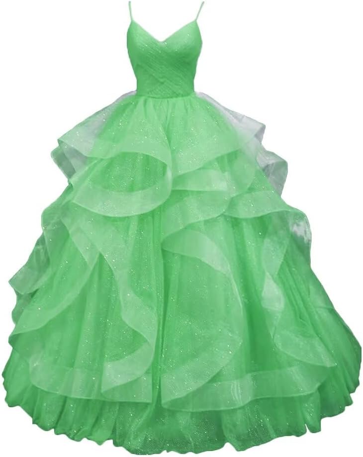 Glitter Tulle Spaghetti Strap Prom Dress for Women Ruffled Tiers V Neck Formal Evening Ball Gown