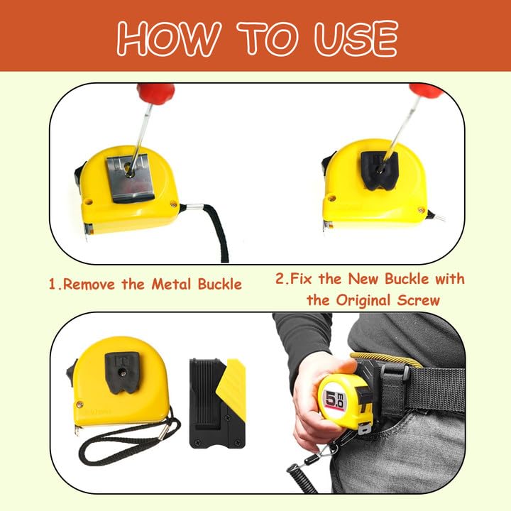 2 Pack Universal Tape Measure Belt Clip, Quick-Draw Quick-Lock Low-Profile Measuring Tape Holder Set for Pouch Pocket, Electrician Carpenter Plumber Accessories (Yellow) - Image 4