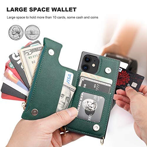 Bocasal Crossbody Wallet Case For Iphone 12 Mini With Card Holder,Zipper Card Slot Protector Shockproof Purse Cover With Removable Cross Body Strap 5.4 Inch(Green) #TOP3