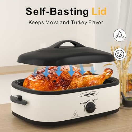 Image of Sunvivi Electric Roaster Oven with Self-Basting Lid, 14-Quart Turkey Roaster Oven with Removable Pan and Rack, Stainless Steel, White
