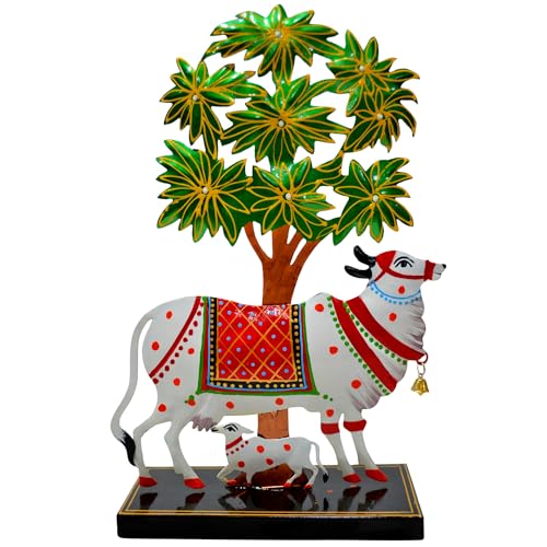 Image of CraftVatika Kamdhenu Cow with Calf Idol for Home Decoration Items for Living Room, Tealight Candle Holder for Pooja Room, Handpainted Rajasthani Showpiece, Wedding Anniversary House Warming Gifts