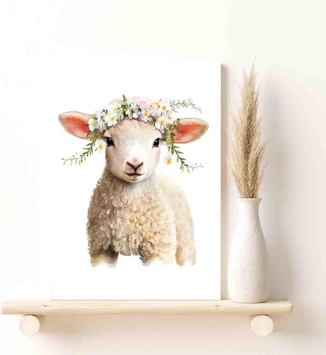 Sheep Lamb Flower Crown Botanical Farmhouse Animal Nursery Wall Art Print Decor,Woodland Nursery Decor Safari Nursery Woodland Animals Themed Painting-12"x18" canvas print with frame