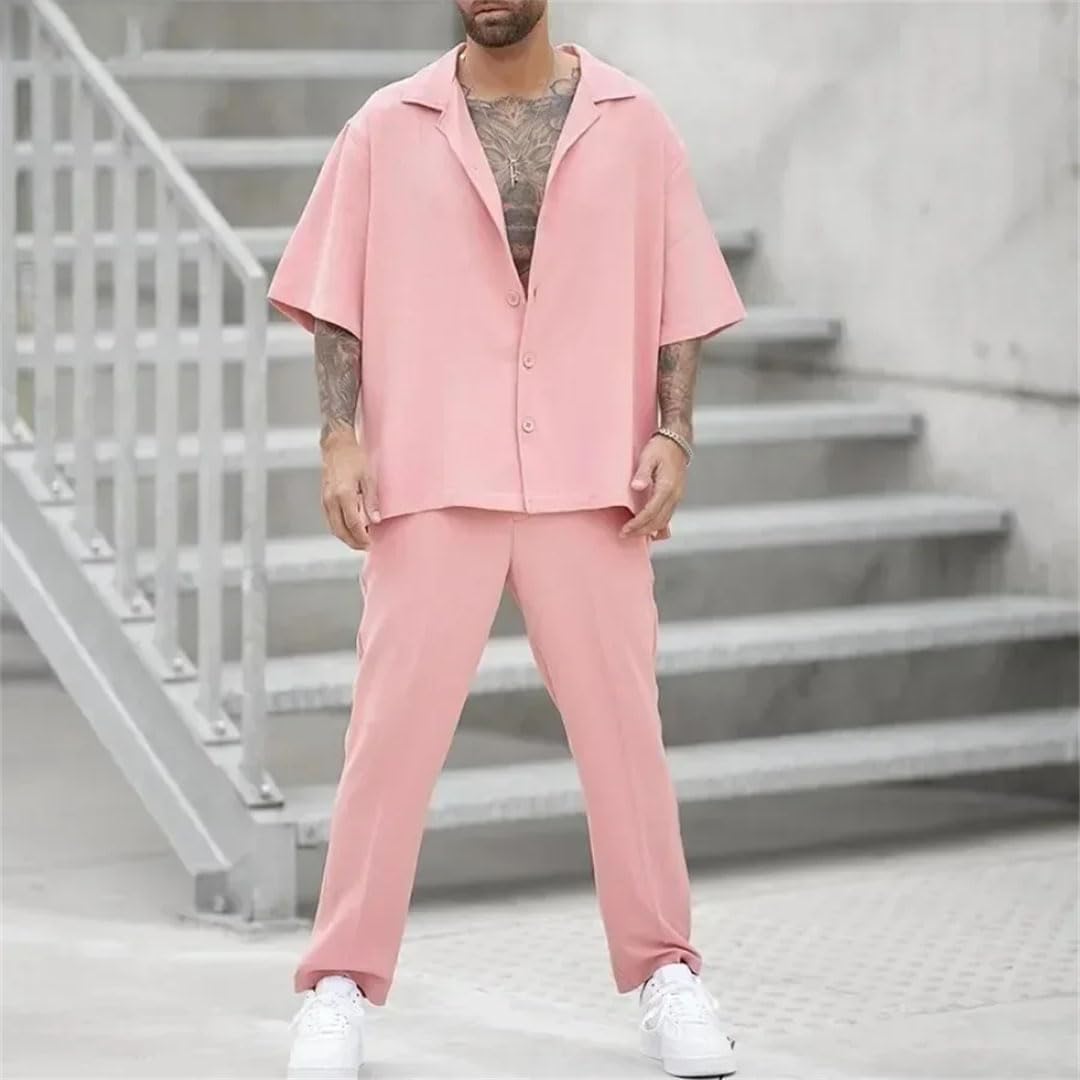 Men's 2Pcs Pants Sets Lapel Shirt Top and Set Pants Two Piece Set Clothing