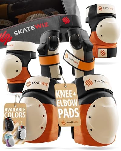 SKATEWIZ Adult Knee Pads, Skate & Skateboarding Wrist Guards for Skating Adult with Elbow Pads - Skateboard Protective Gear - Shield - Size M Orange - Roller Skates, Inline Skates