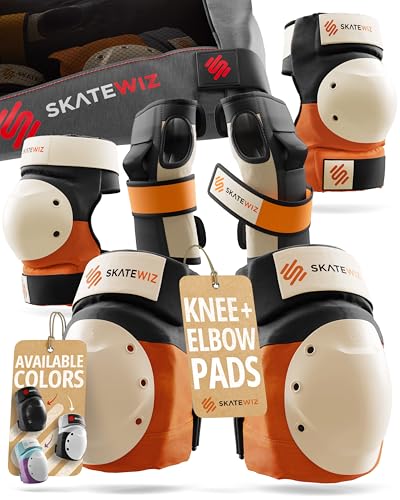 SKATEWIZ Knee and Elbow Pads Adult - Skating Protective Gear Adult - Shield - Size M/L Orange - Skateboard Pads with Wrist Guards for Inline Skates, Roller Skate - Ice Skates for Women