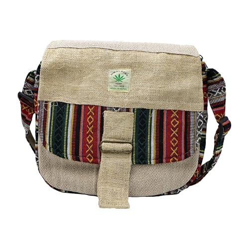 hemp bag Boho Natural Mini Crossbody Bag, 5 Pockets, Tree of Life Embroidered, Travel Bag