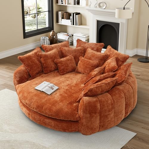 Image of 81 inch Round Sofa Bed Big Bean Bag Round Chaise Lounge Oversized Round Couch Boneless Reading Chair Plush Fluffy Chenille Large Chaise Chair for Living Room, Bedroom, Apartment, Orange