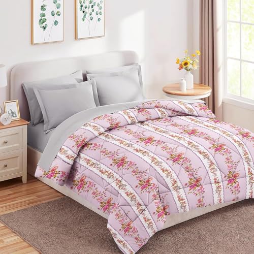 Image of HOMEKART 220 GSM Microfiber 4-Piece Comforter Bedding Set for Double Bed | King Size AC Comforter with Flat Bedsheet (90x100 Inch) & 2 Pillow Covers | Soft, Lightweight & All-Season | Pink Floral