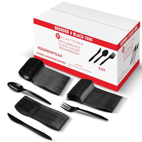 PLASTICPRO 1000 piece Cutlery Combo set of Black Plastic Forks, Spoons, and Knives Disposable Colored Cutlery Bulk Pack Variety Pack for Party Home Office