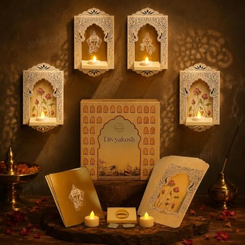 Image of Divyakosh Item for Home Decoration Jharokha Diya Set Jharokha for Wall Decor|Pack of 10 Festive Hanging Tea Light Holders with Golden Inserts & Detachable Tray, Wall Decoration item's for Living room