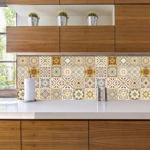 Azulejos Adhesivos Cocina Amarillo Marrón Bohemio Vinilo Adhesivo Cocina Azulejos Adhesivos Baño Pvc Baldosas Adhesivas Pared Impermeable Vinilos Baño Autoadhesivo Baldosas Adhesivas 20x20cm/20 Pcs