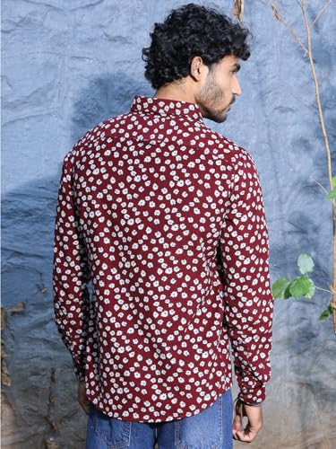 Image of Thomas Scott Men Slim Fit Pure Cotton Corduroy Floral Printed Semi-Formal Shirt