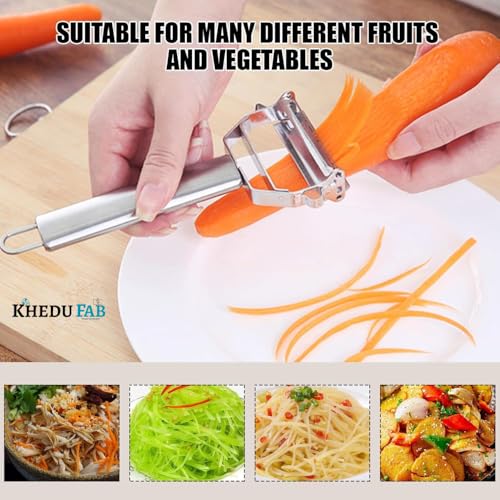 Image of Khedu Fab 2-in-1 Stainless Steel Vegetable & Fruit Peeler - Julienne & Serrated Blades - Double-Edged Swivel Design for Bidirectional Peeling - Ergonomic Handle - Dishwasher Safe (Pack of 1)