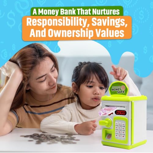 Image of Piggy Bank Toy for Kids and Adults - Gullak Money Safe with Number Password and Touch Sensor - Money Saving Mini ATM Toy with Lights and Sound (Green -White)