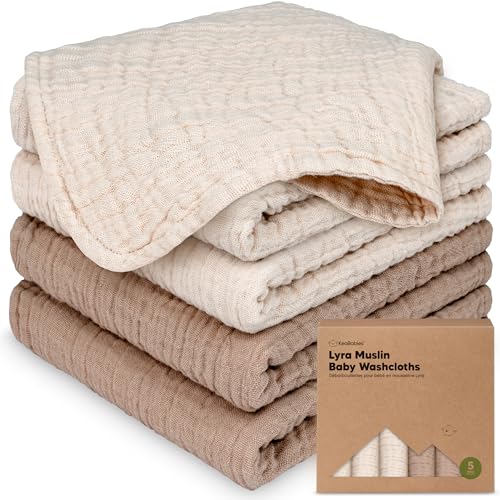 Image of 5-Pack Muslin Baby Washcloths for Newborn - 12x12 inch Soft Absorbent Organic Cotton Muslin Wash Cloths for Babies Girl, Boy, Infant, Toddlers, Kids Face Towel, Bath Essentials, Baby Burp Rags (Ecru)