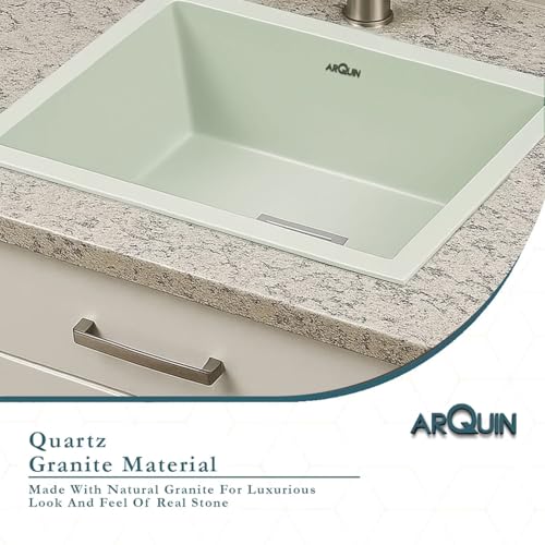 Image of ARQUIN Quartz Sink 24x18x9 Inch Sand Choco | Single Bowl Sink | Durable & Scratch-Resistant | Undermount /Topmount Including Coupling, Waste Pipe & Fruit Washing Basket