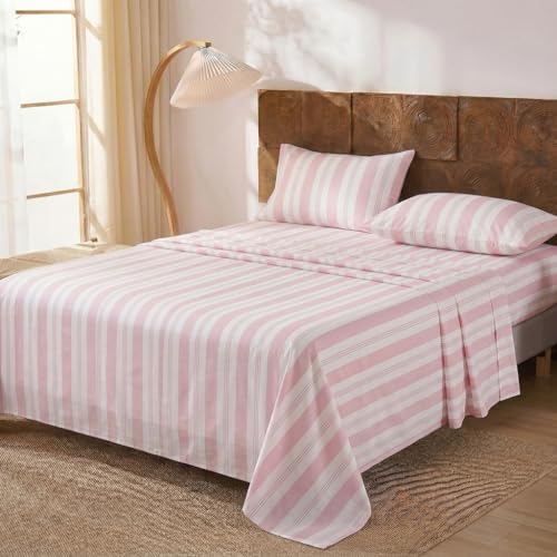 Image of Merryword 100% Cotton Sheet Set King Size - Pink Striped Bedding, Soft Breathable Percale Weave, Deep Pocket Fitted Sheet 17.5 inch, Luxury & Silky Soft Sheet Set for All Seasons
