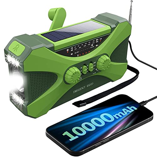 Radio de emergencia de 10000 mAh, radio solar de manivela, radio portátil con cargador de teléfono, linterna LED verde