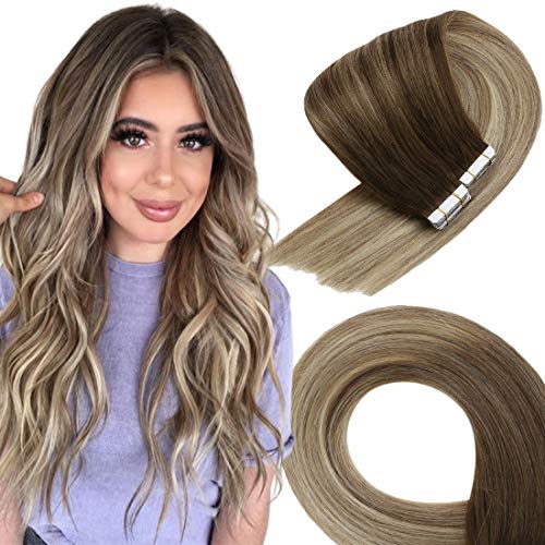 VeSunny Tape in Extensions Balayage Blonde Human Hair 18inch Ombre #4 Dark Brown Root to #14 Golden Blonde Mixed #60 Platinum Blonde Silky Straight Tape in Real Human Hair Extensions 20pcs 50G