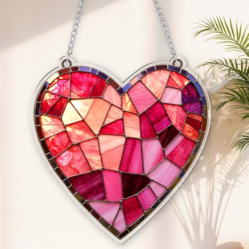 Acrylic Heart Gifts for Women Lovers Pink Valentine's Day Stained Glass Design Hanging Ornaments