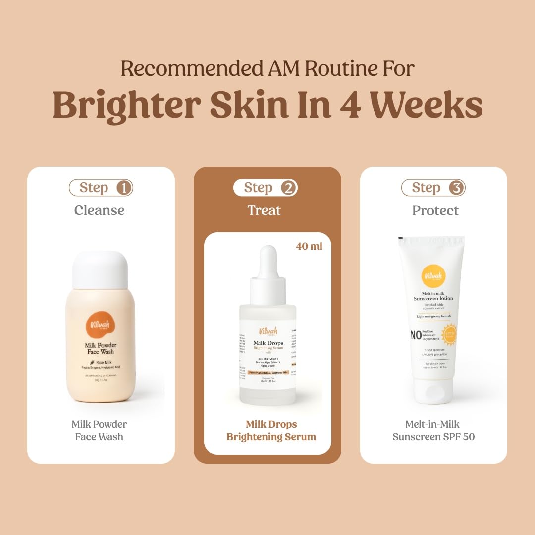 Vilvah Store Milk Drops Brightening Serum Formulated With Rice Milk Extract, Marine Algae Extract, Alpha Arbutin, Fades Scars, Brightens Skin & Even Skin Tone For All Skin Type, 40ml - Image 7 thumbnail