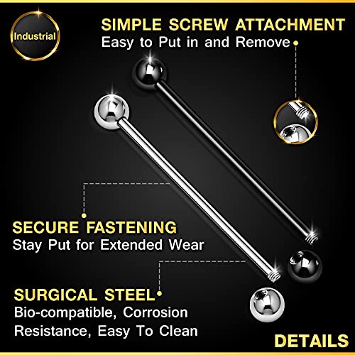 KJM FASHION 2PCS Stainless Steel Industrial Barbell Stud Scaffolding 14 Gauge 1 1/2 38mm 5mm Ball Earring Piercing Jewelry View More Colors3