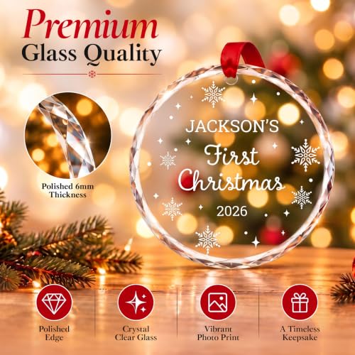 Image of First Christmas Ornament 2026, Personalized Glass Name Snowflake Keepsake