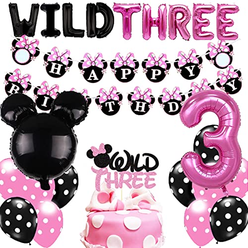 Minnie 3rd Birthday Mouse Banner Cake Topper Wild Three Party Supplies Decorations Balloon Photo Prop for Girl 3 Years Baby Bday