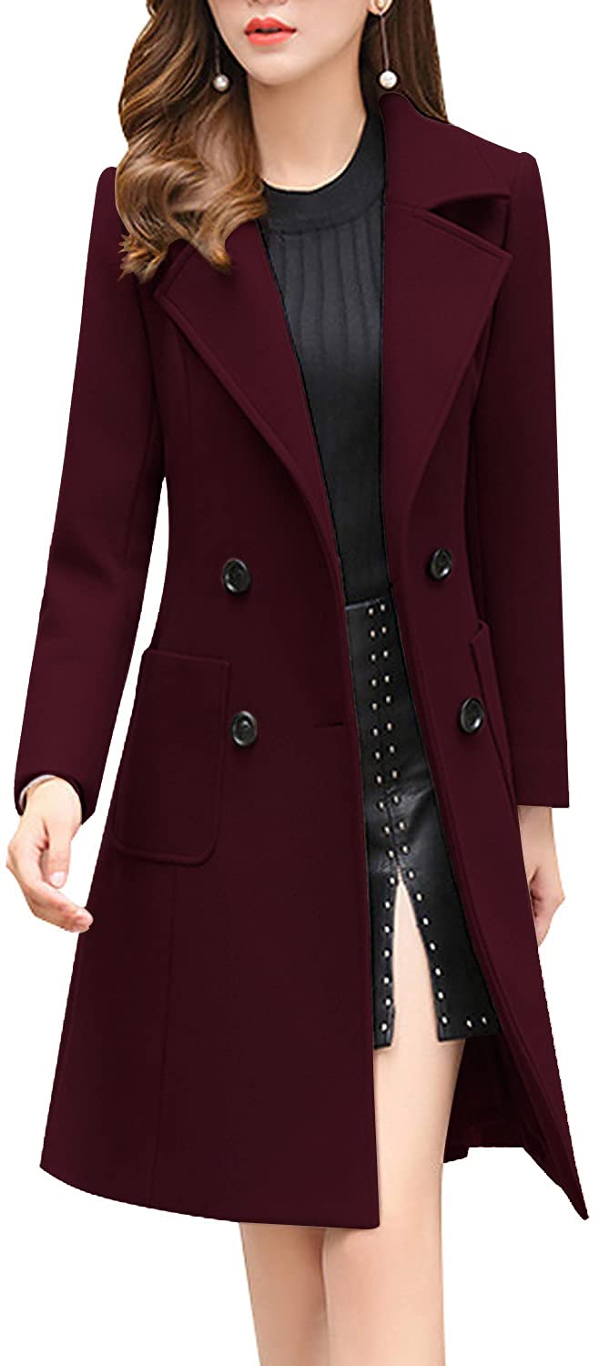 chouyatouWomen Elegant Notched Collar Double Breasted Wool Blend Over Coat