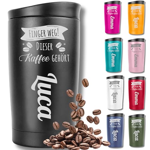 KUINEA Thermobecher personalisiert [100% auslaufsicher] Kaffeebecher To Go 350 ml – Geschenk mit Gravur nach Wunsch, personalisiertes Geschenk für Sie & Ihn, schwarz