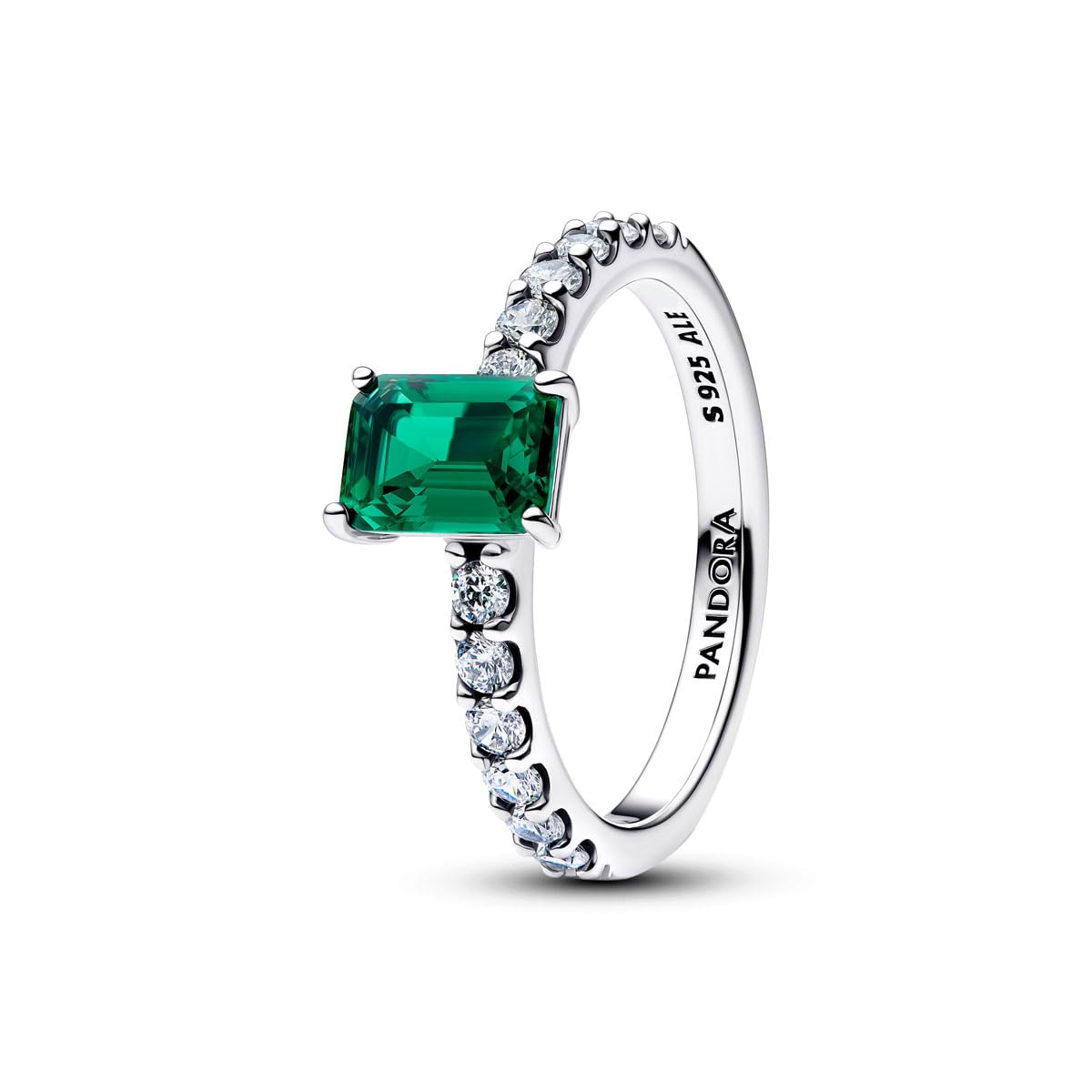 PANDORA Anillo rectangular para mujer de plata con santos verdes brillantes