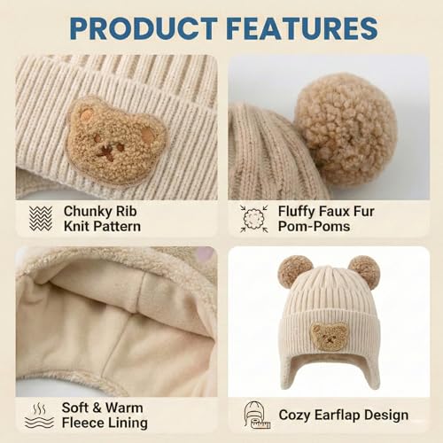 Image of Kraptick Children's Pompom Winter Warm Caps for Toddlers & Kids, Soft Knitted Beanie with Warm Earflaps, Cute Teddy Bear Design, Unisex Baby Woolen Hat-2