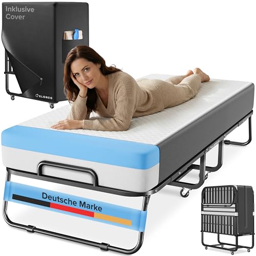 ELONEO Klappbett 90x200 cm inkl. Premium Matratze aus Memory-Schaum | Gästebett klappbar, belastbar bis 250kg | faltbares Reisebett mit Metallrahmen und Transportrollen | Schrankbett inkl. Schutzhülle