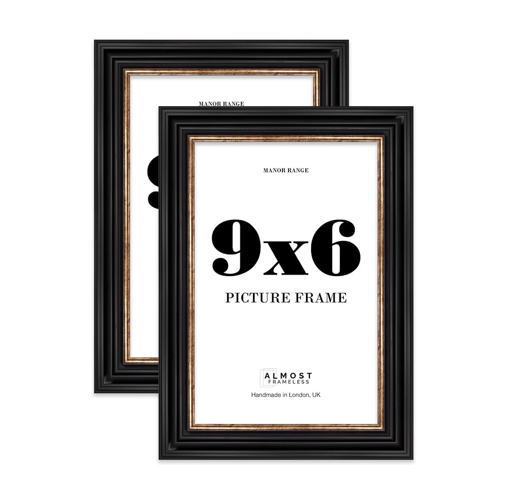 9x6 Picture Frame, Display 9x6 Pictures (15.2 x 22.9cm) - Black & Gold Timeless 42mm Edge Frame for Home Décor - 2 Pack