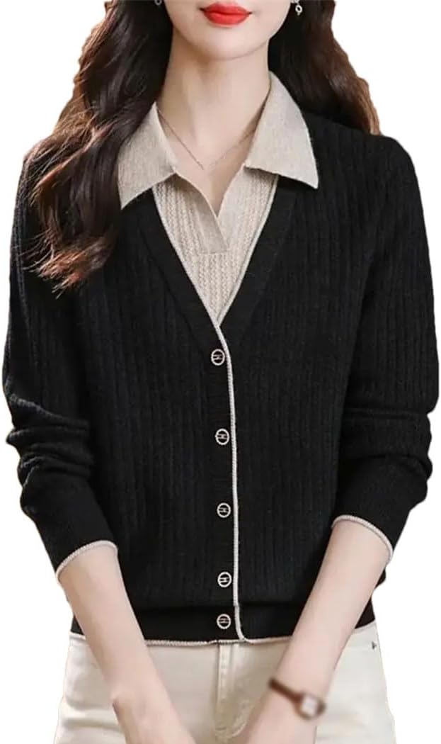 Women's Fake Two Pieces Sweaters Lapel Single Breasted Long Sleeve Bottoming Pullovers Knitted Tops