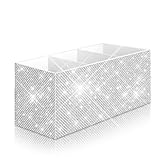 Bling Makeup Brush Holder Organizer, 3 Slot Sparkle Cosmetics Brushes Storage Holders with Shiny Rhinestones, Glitter Cute Pen and Pencil Holder for Desk, Eyeliners Display Case for Vanity（White）