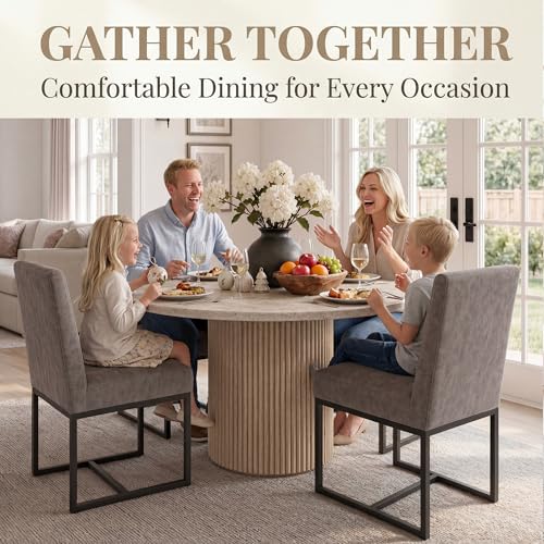 Image of HNY Modern Dining Chairs Set of 4, Upholstered Leather Dining Room Chairs with Ergonomic Back & Metal Frame for Home, Kitchen, Apartment, Grey