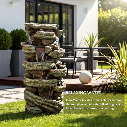 Image of SunJet 59 inch High Multi-Tiers Cascading Rock Outdoor Water Fountain with LED Lights - Large Outdoor Fountains and Waterfalls for Garden or Patio, Yard, and Deck Decor, Featuring Natural Stone Look
