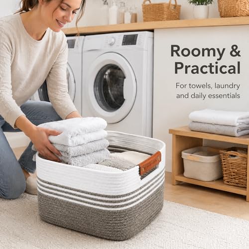 Image of Cotton Rope Laundry Basket Extra Large, 22.8GAL Collapsible Woven Storage Baskets for Living Room Kids Toys Stuffed Animal,Boho Rectangular Decorative Hamper for Dirty Clothes, Blankets Dark Brown