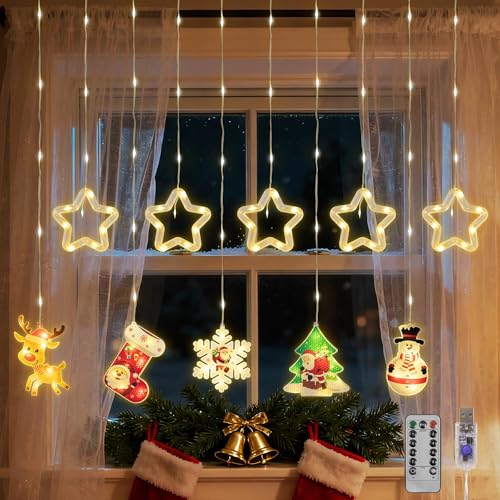 Christmas Decorations String Lights, Foneso 3M Curtain Lights, 8 Modes LED Mood Light String USB with Reindeer, Snowflakes, Snowman, Christmas Tree and Stocking Motifs for Bedrooms, Windows, Balconies