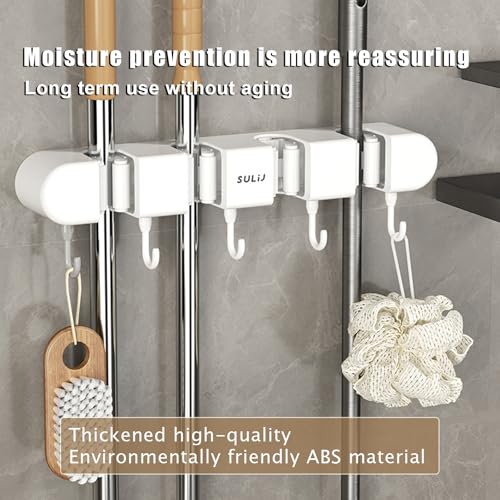 PacuM Weiß Besenhalterung wand & Gerätehalter mit 5 Halterungen & 6 Haken Selbstklebend für Küche, Bad, Garten