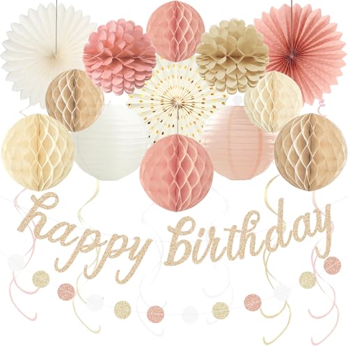 Image of Boho Pink Happy Birthday Decorations for Women Girls, Pre-Strung, 24pcs | Happy Birthday Banner, Honeycomb Ball, Paper Flowers, Lanterns, Fans, Streamers, Dots Garland for Birthday Party Decorations
