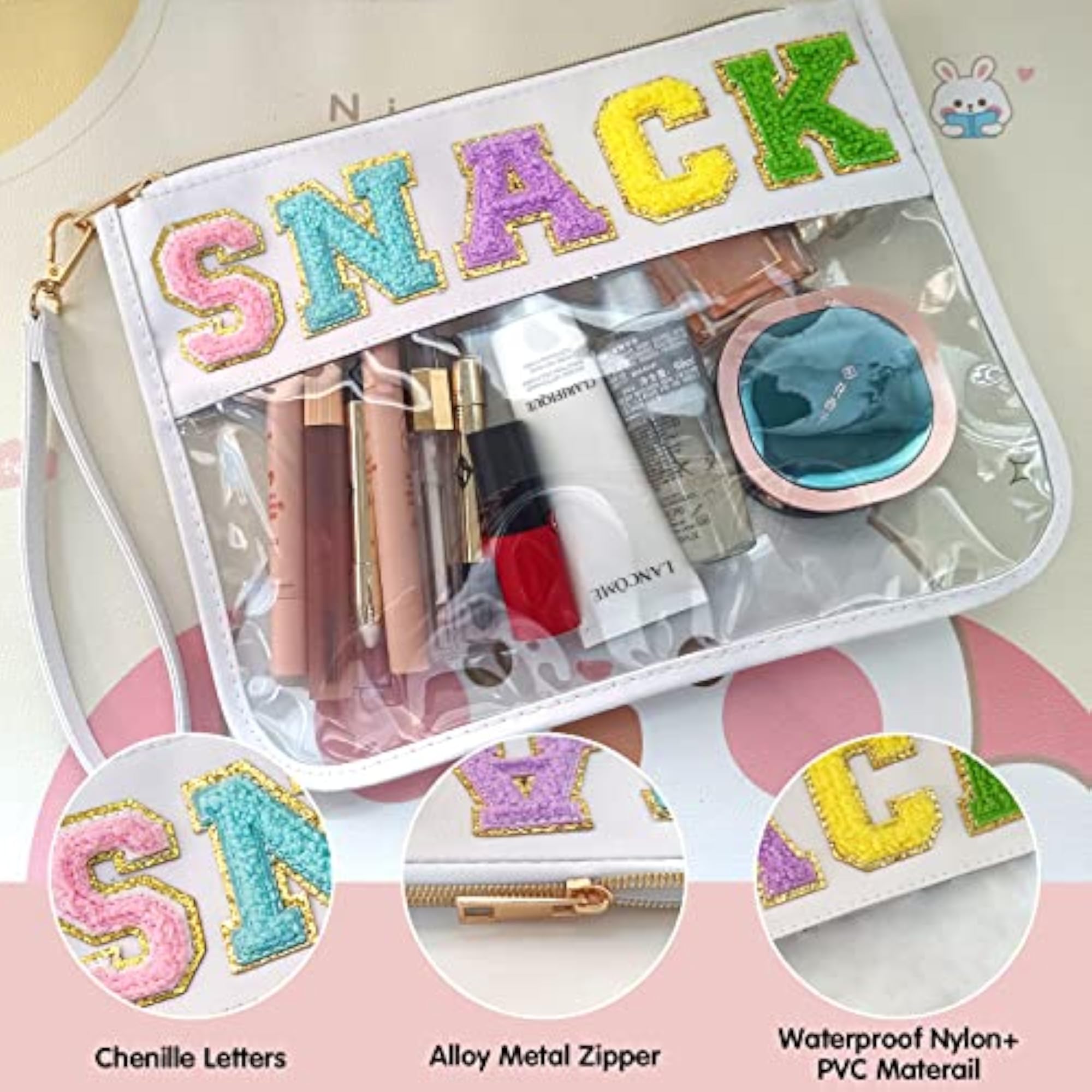 Chenille Letter Clear Zipper Flat Pouch, Travel Makeup Bag