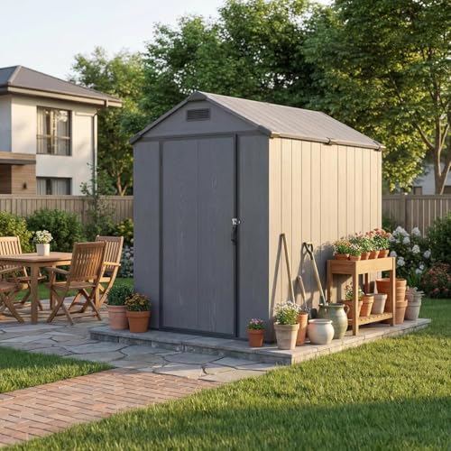Image of Patiowell 4x6 FT Plastic Outdoor Storage Shed with Floor, Resin Outside Shed with Lockable Door and Vents, Garden Sheds for Backyard, Patio, Lawn Mower, Dark Grey